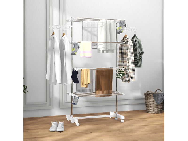  Séchoir à linge pliable avec ailettes latérales, pour une utilisation intérieure et extérieure, 142 x 55 x 172 cm, 4 niveaux, blanc  - Conforama C