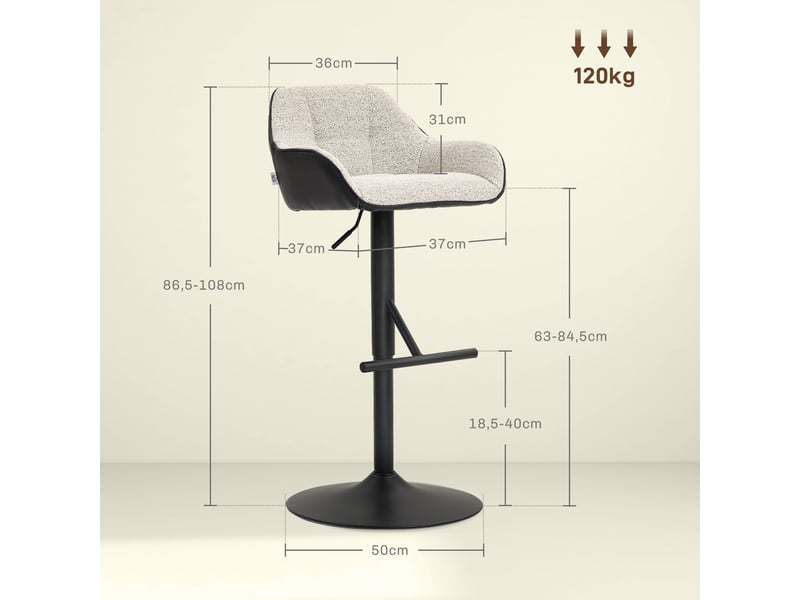  Lot de 2 tabourets de bar chaises de bar hauteur réglable tissu effet lin et base en acier 52,5 x 53 x 86,5-108 cm gris  - Conforama E