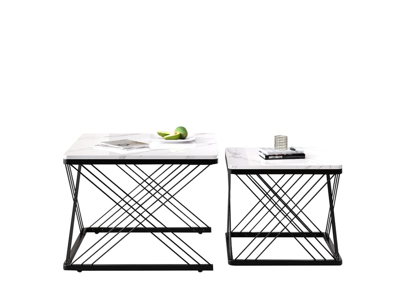  Table basse 2 pièces carrée 60x60x45+45x45x40cm effet marbre(matériau non marbré)pieds réglables mdf noir et blanc  - Conforama A