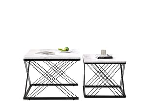 Table basse 2 pièces carrée 60x60x45+45x45x40cm effet marbre(matériau non marbré)pieds réglables mdf noir et blanc