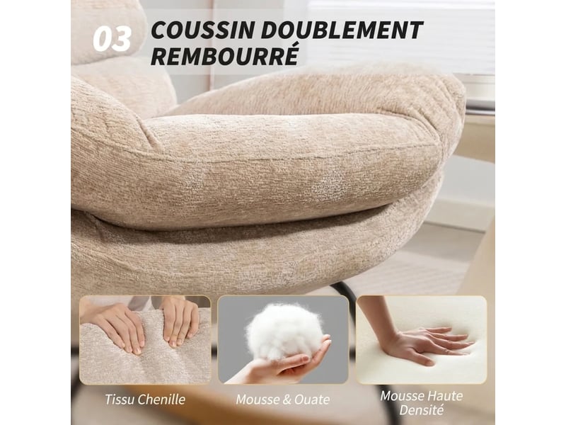  Fauteuil à bascule rembourré blanc crème avec pieds en acier et bois 80x103x91 cm  - Conforama R