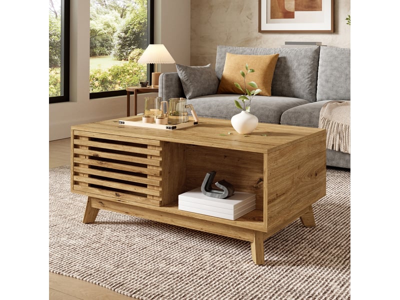  Table basse relevable en mdf bois clair, porte coulissante à lames et rangement, style vintage pour le salon  - Conforama B