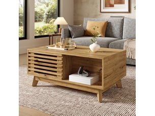 Table basse relevable en mdf bois clair, porte coulissante à lames et rangement, style vintage pour le salon