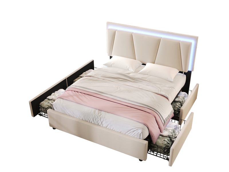 Lit coffre 140 × 200 cm 2 places avec 4 tiroirs, led réglable et tête de lit ajustable, sans matelas, beige - Conforama A