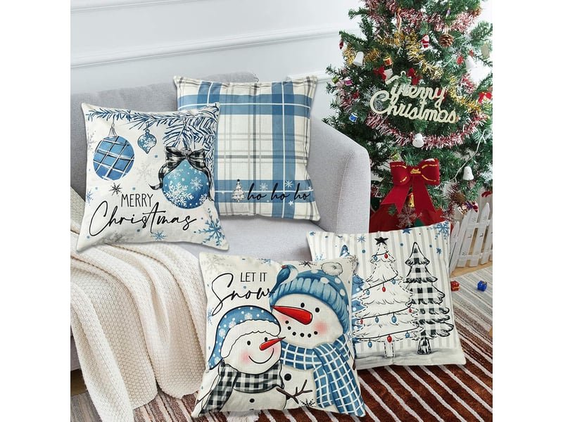  Housses de coussin de noël 45 x 45 cm, 4 pièces, décoration d'intérieur de noël - coussin décoratif de noël en lin bleu et blanc pour coussins de can  - Conforama E