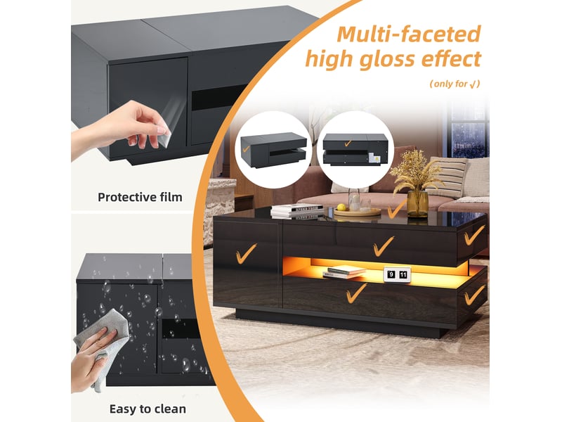  Table basse relevable avec 1 tiroir, 1 placard, niche ouverte, led et rangement caché pour salon 95 × 50 × 40 cm  - Conforama E