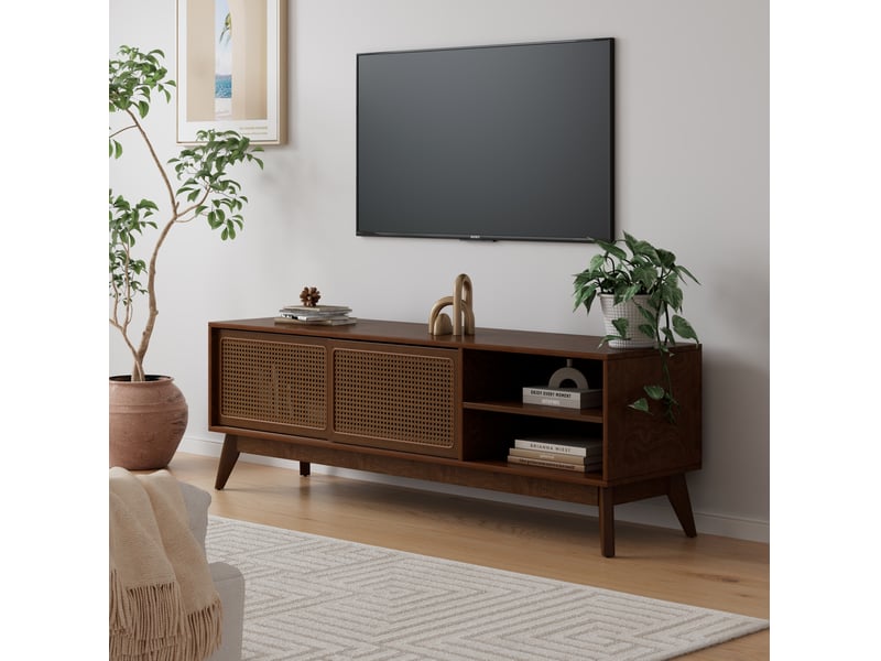  Meuble tv 161.42x48.98x20.14 cm avec portes en rotin, bois et mdf coloris noyer  - Conforama B