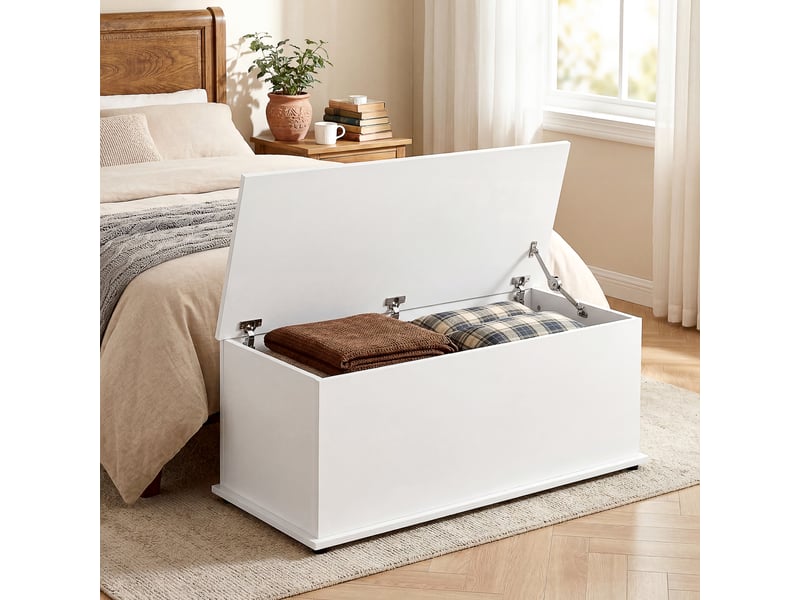 Coffre de rangement, banc de rangement avec couvercle rabattable et charnières de sécurité, banc chaussures, meuble d'entrée, couloir, chambre, salon, blanc, 100 x 40 x 40 cm - Conforama D