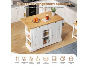 Îlot de cuisine mobile avec plan rabattable, rangements et prise usb, blanc et bois naturel
