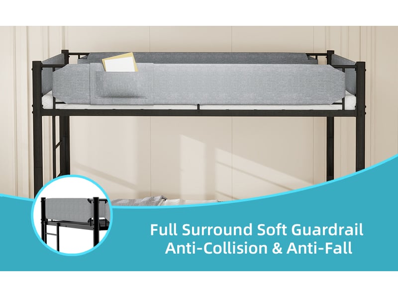  Lit superposé 90x190 cm,séparable en 2 lits, garde-corps textiles amovibles, rangement et échelle, métal, noir  - Conforama E