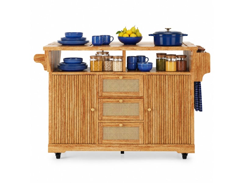  Desserte de cuisine pliable à 2 abattants avec rangement - lpospi - mdf et pe rotin marron foncé, 142,5 × 80 × 95 cm  - Conforama A