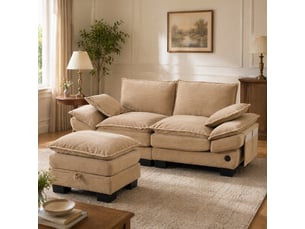Canapé d'angle réversible fixe <strong>MAISENTIEL</strong> <strong></strong> 2 places Velours côtelé taupe avec coffre de rangement