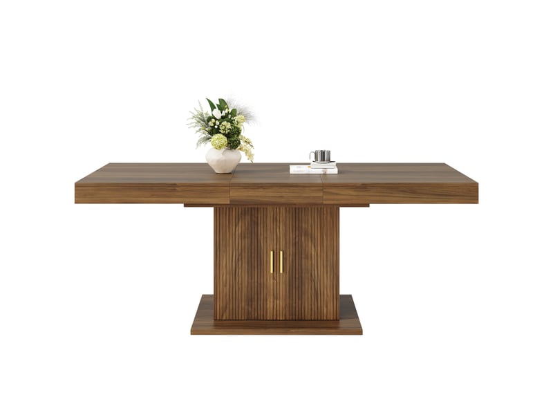  Table à manger rectangulaire extensible 140-180 x 90 cm avec rangement intégré, portes cannelées, étagère amovible, effet noyer chaleureux  - Conforama A