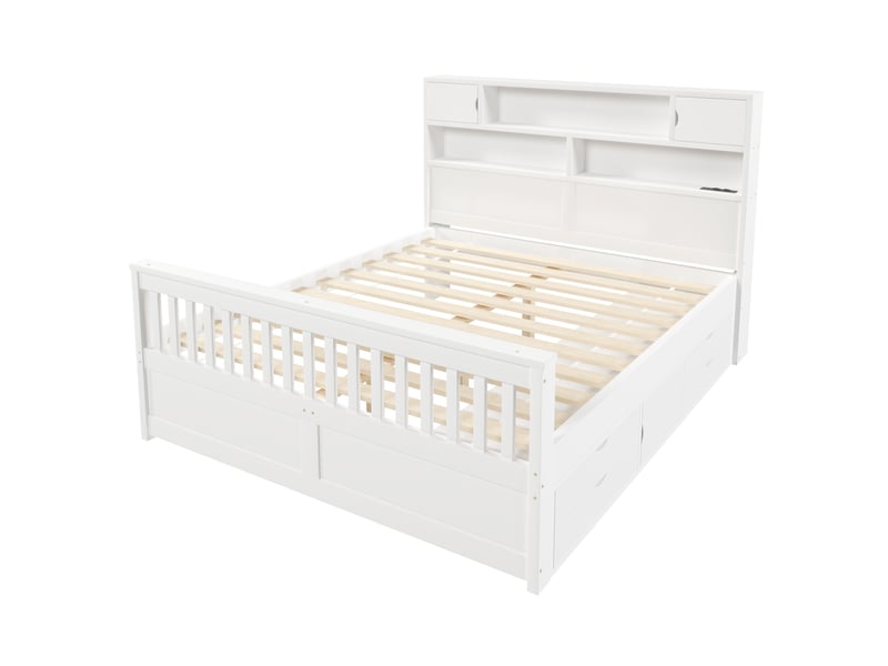  Lit blanc 160x200 cm en bois et mdf avec tête de lit bibliothèque, led, usb, rangements intégrés et quatre tiroirs  - Conforama E