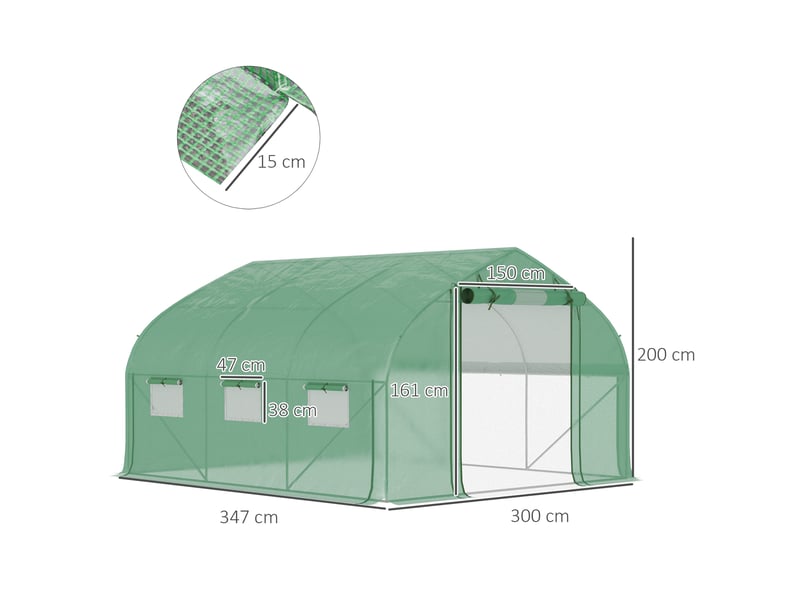  Serre tunnel 347 x 300 x 200 cm, serre de jardin avec porte et 6 fenêtres, structure en acier galvanisé, vert  - Conforama E