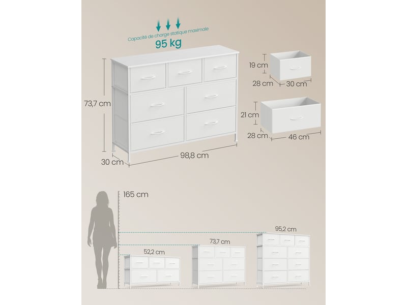  Commode de rangement moderne 30 x 98,8 x 73,7 cm capacité 40 kg 9 tiroirs style contemporain en mdf blanc neige 12_0012902  - Conforama B