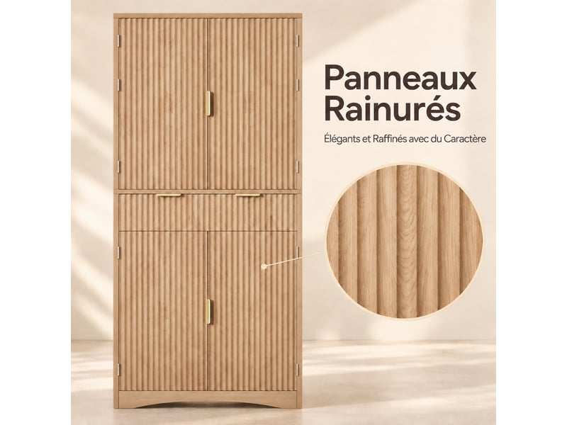 Meuble de cuisine muvano, façades rainurées, armoire haute de 180 cm, coloris bois clair - Conforama D