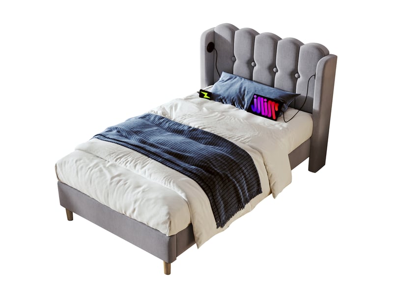  Lit enfant 90x200 cm – gris – ports usb et usb-c, sommier à lattes et matelas h3 inclus, tête de lit rembourrée  - Conforama A