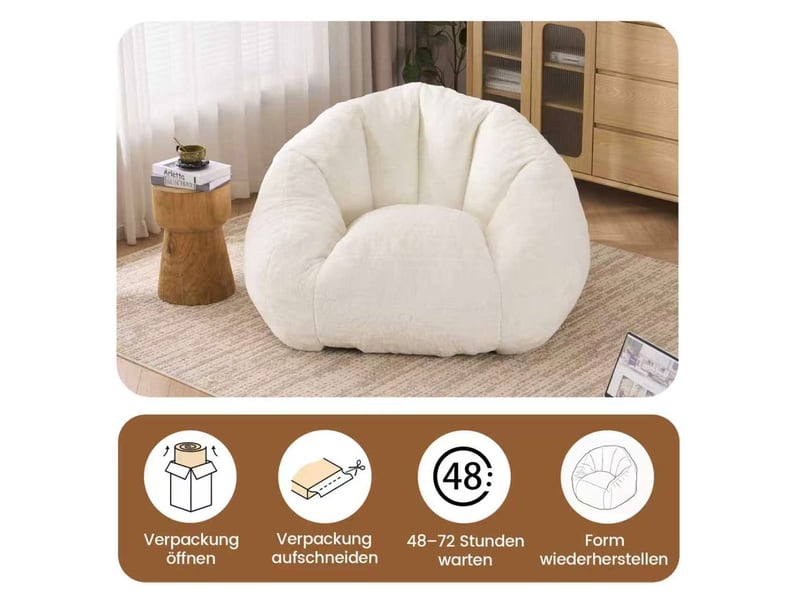  Fauteuil pouf adulte enveloppant en fausse fourrure avec mousse haute densité, en polyester blanc crème  - Conforama E