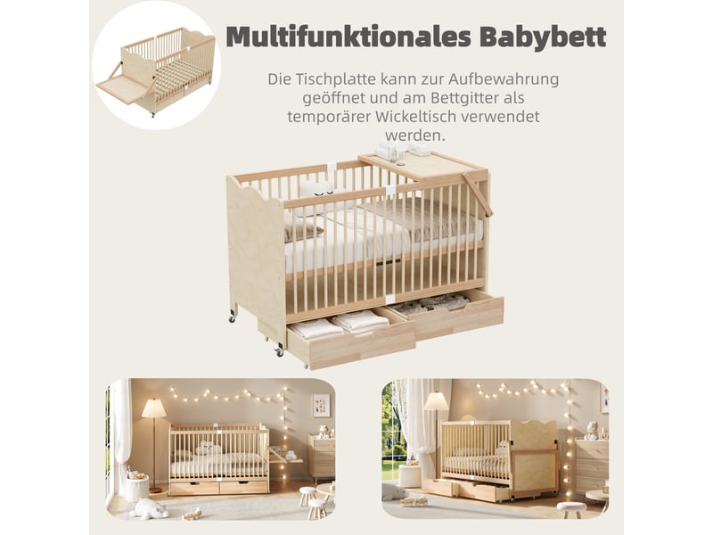  Lit bébé 70 x 140 x 94,5 cm, mobile, table à langer, étagère, tiroirs et sommier réglable sur 4 hauteurs, moderne, pin massif, naturel evarich - Conforama D