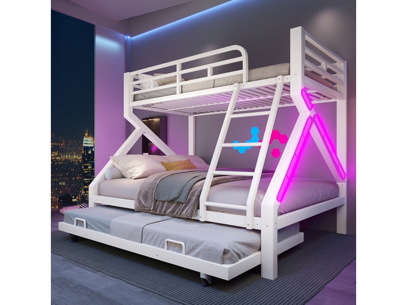  Lit superposé 4 places 90 x 200 + 140 x 200 cm avec lit gigogne 90 x 190 cm, led, barrière et échelle, en métal et mdf blanc  - Conforama B