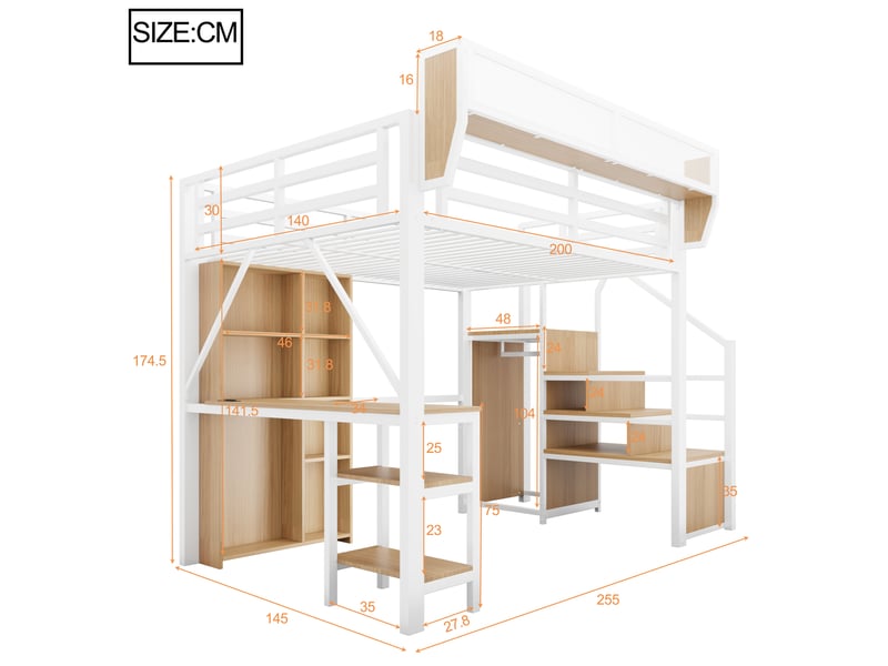 Lit mezzanine 140x200 cm avec escalier de rangement, bureau intégré, bibliothèque ouverte, étagère haute, led, prise et garde-corps, métal, blanc Morn Vibe - Conforama D