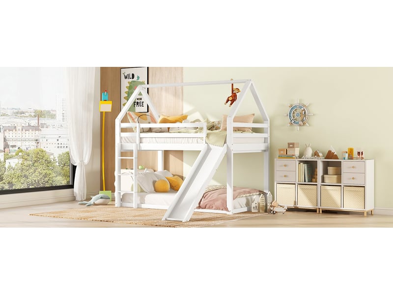 Lit superposé enfant avec toboggan et échelle 90x200 cm blanc pin massif structure sécurisée avec garde-corps Sol Morn - Conforama D