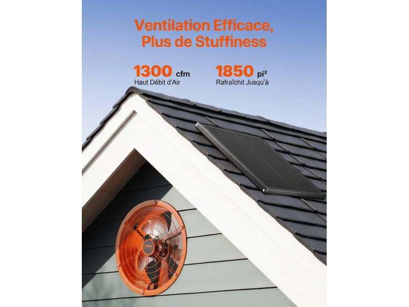  Ventilateur de grenier solaire, 14 pouces avec thermostat, 1300 cfm ventilation pour toit garage  - Conforama B