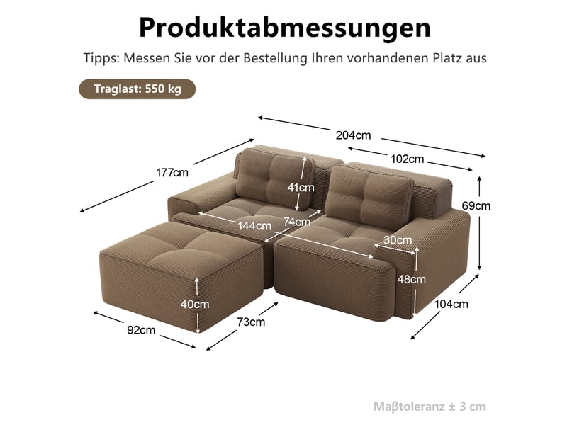 Canapé d'angle modulable 2 places en velours côtelé marron avec ottoman, assise profonde et confort nuage - Conforama C