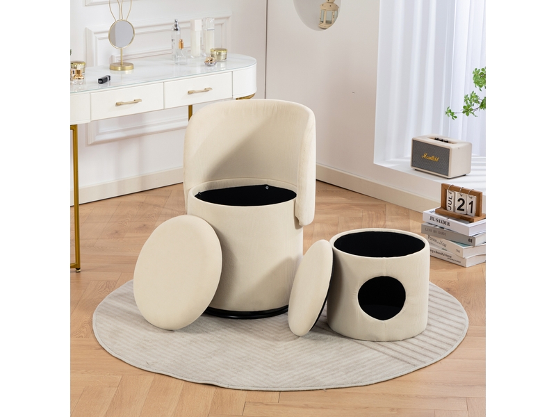  Fauteuil pivotant 360° avec rangement, assise rembourrée et pouf en velours côtelé beige 53 × 50 × 47 cm  - Conforama B