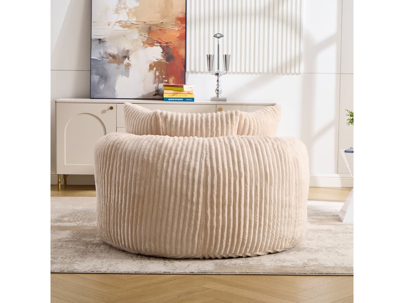  Fauteuil rond avec pouf - 168x123x63 cm - canapé lit lounge velours côtelé avec 5 coussins sans structure rigide - beige  - Conforama D