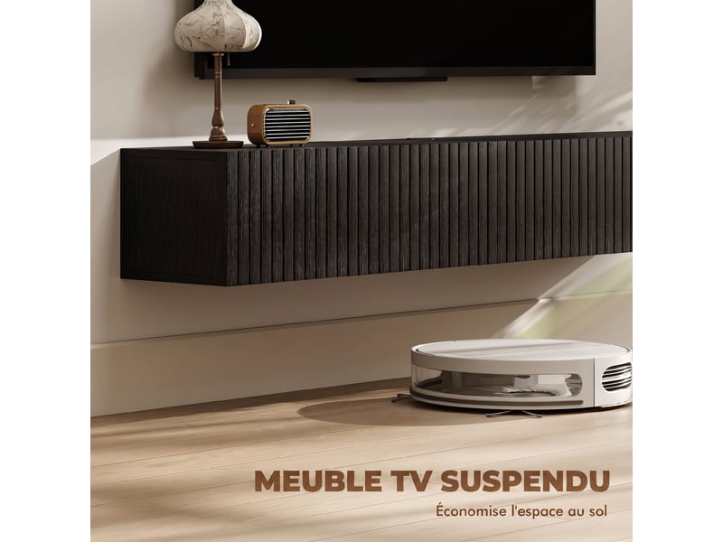  Meuble tv suspendu 2 portes rabattables en mdf noir 140 x 25 x 22 cm  - Conforama D