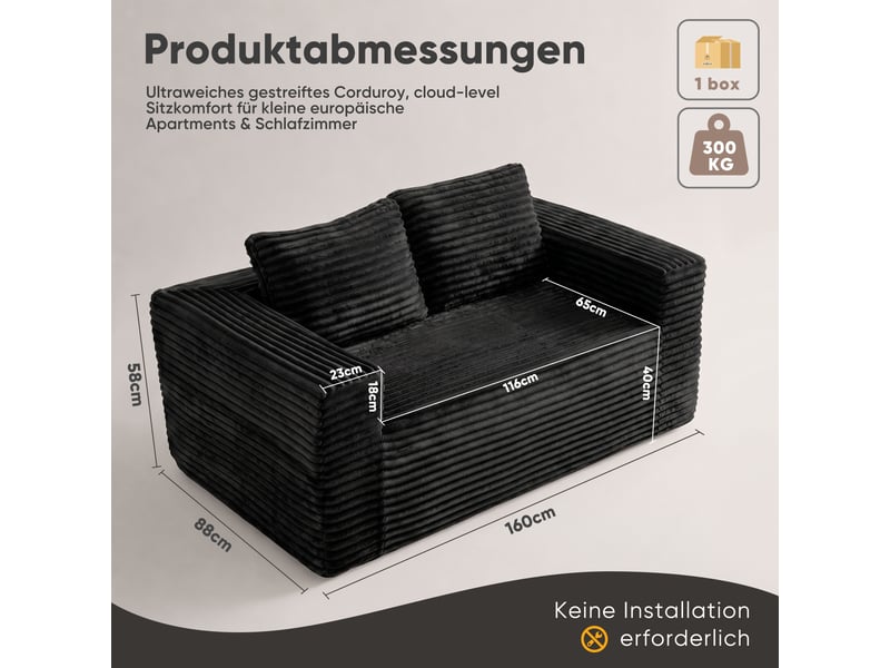  Canapé 2 places sans cadre en velours côtelé noir, assise profonde, canapé de sol moderne sans montage  - Conforama C