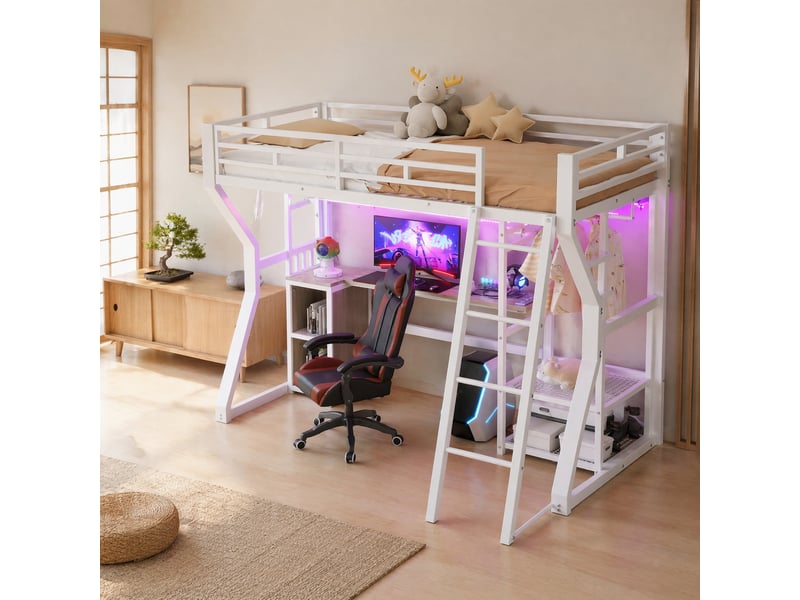  Lit mezzanine, lit simple 200x90 cm en métal et mdf avec bureau, prise, penderie et led, sans matelas, blanc  - Conforama C