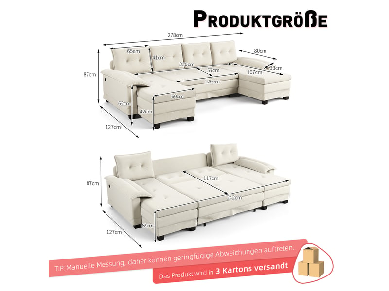 Fauteuil canapé panoramique en u chenille beige avec tiroirs intégrés et port usb pour salon moderne - Conforama C
