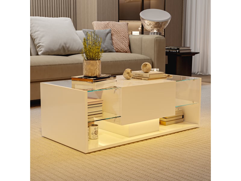  Table basse salon - design flottant avec éclairage led - double rangement et tiroir - plateau verre trempé - blanc  - Conforama D