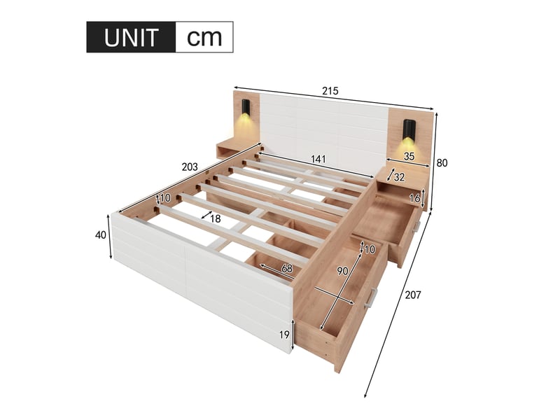 Lit avec tiroirs 140 × 200 cm 2 places, lampe orientable, usb et matelas inclus, blanc et chêne clair  - Conforama D