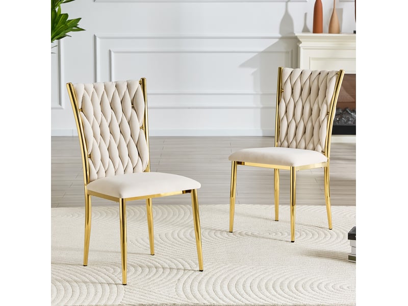 Chaise de salle à manger en velours beige à dossier tressé et pieds en métal doré - Conforama B