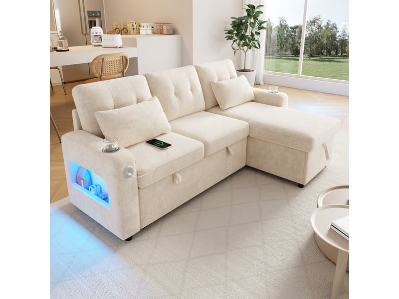 Canapé d’angle convertible en u 206 x 131 x 85 cm 3 places, double méridienne, coffre, porte-gobelets, led, usb, rangement accoudoirs, beige Bliss Lite - Conforama D