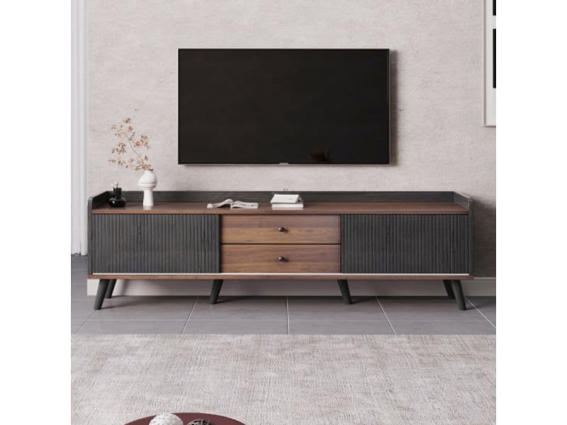  Meuble de tv 160 cm avec deux tiroirs et deux portes coulissantes, table tv lowboard plateau bas, texture raffinée et design élégant  - Conforama B