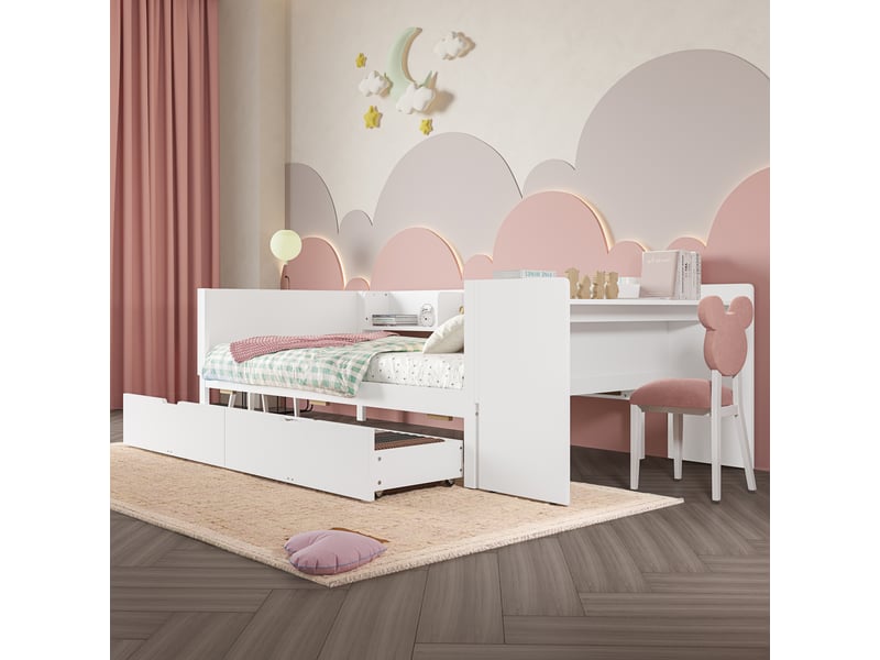  Lit plat en bois 90x200cm blanc, bureau intégré, 2 tiroirs, 3 étagères, structure pin, sans matelas inclus  - Conforama E