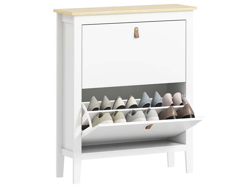  Meuble à chaussures 14 paires, armoire à chaussures avec 2 tiroirs rabattables, étagères amovibles et réglables, blanc  - Conforama A