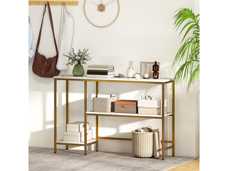 Console meuble 120 cm, table console 3 niveaux avec étagères de rangement, plateaux imitation marbre, blanc et doré  - Conforama D