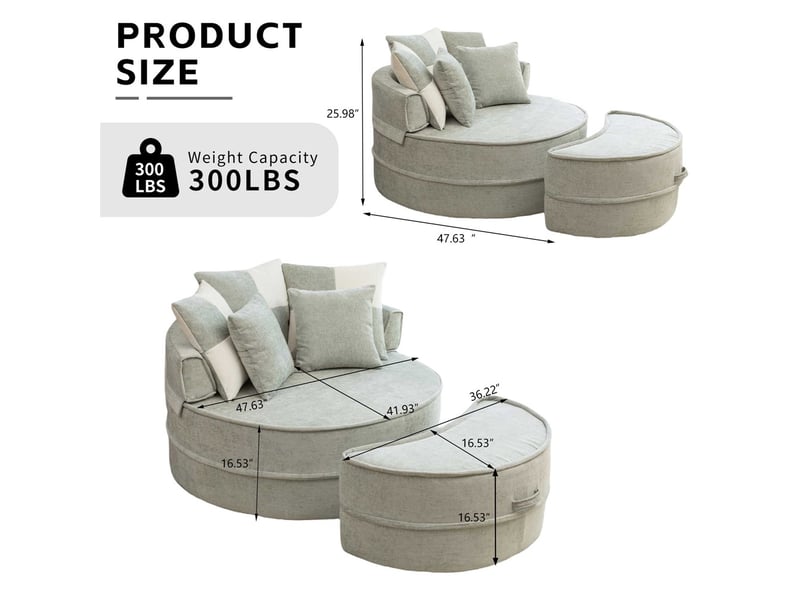  Canapé rond avec 5 coussins et repose-pieds - 163x121x66cm - fauteuil lounge en chenille douce sans structure - vert menthe  - Conforama E