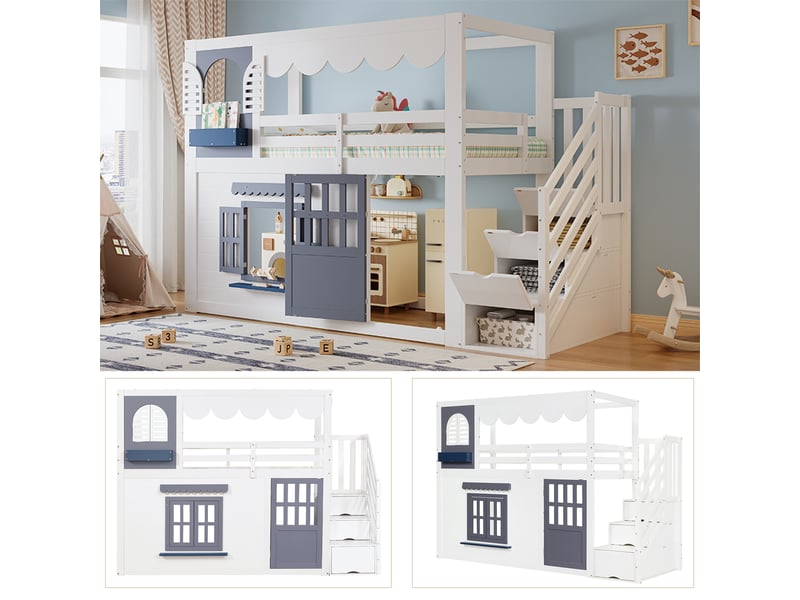  Lit mezzanine enfant 90x200 cm lit cabane lit adolescent lit simple en bois avec escalier de rangement porte fenêtres ouvrantes  - Conforama W