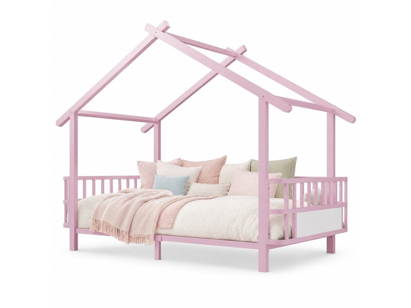 Lit cabane enfant en métal rose 90 x 200 cm avec barrières de sécurité et cadre décoratif - Conforama A