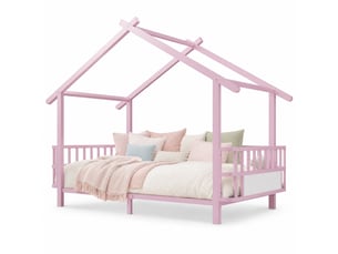 Lit cabane enfant en métal rose 90 x 200 cm avec barrières de sécurité et cadre décoratif