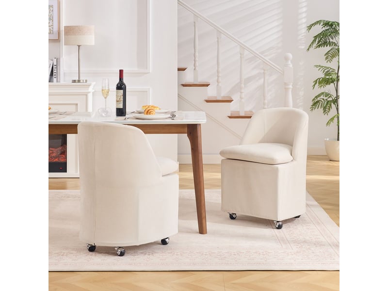  Lot de chaises 2 pièces chaise de cuisine en tissu chenille roulettes universelles sans accoudoirs housse amovible beige style moderne  - Conforama B