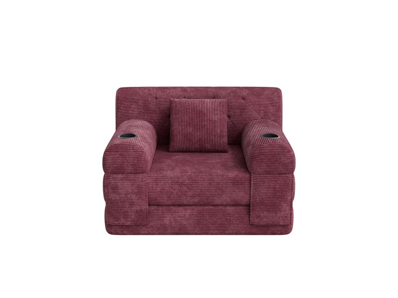 Canapé-lit 1 place 2 porte-gobelets couchage d'appoint dossier haut cadre métallique mousse haute densité velours côtelé format compressé 4 poches latérales coloris rouge vin - Conforama A