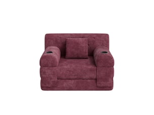 Canapé-lit 1 place 2 porte-gobelets couchage d'appoint dossier haut cadre métallique mousse haute densité velours côtelé format compressé 4 poches latérales coloris rouge vin